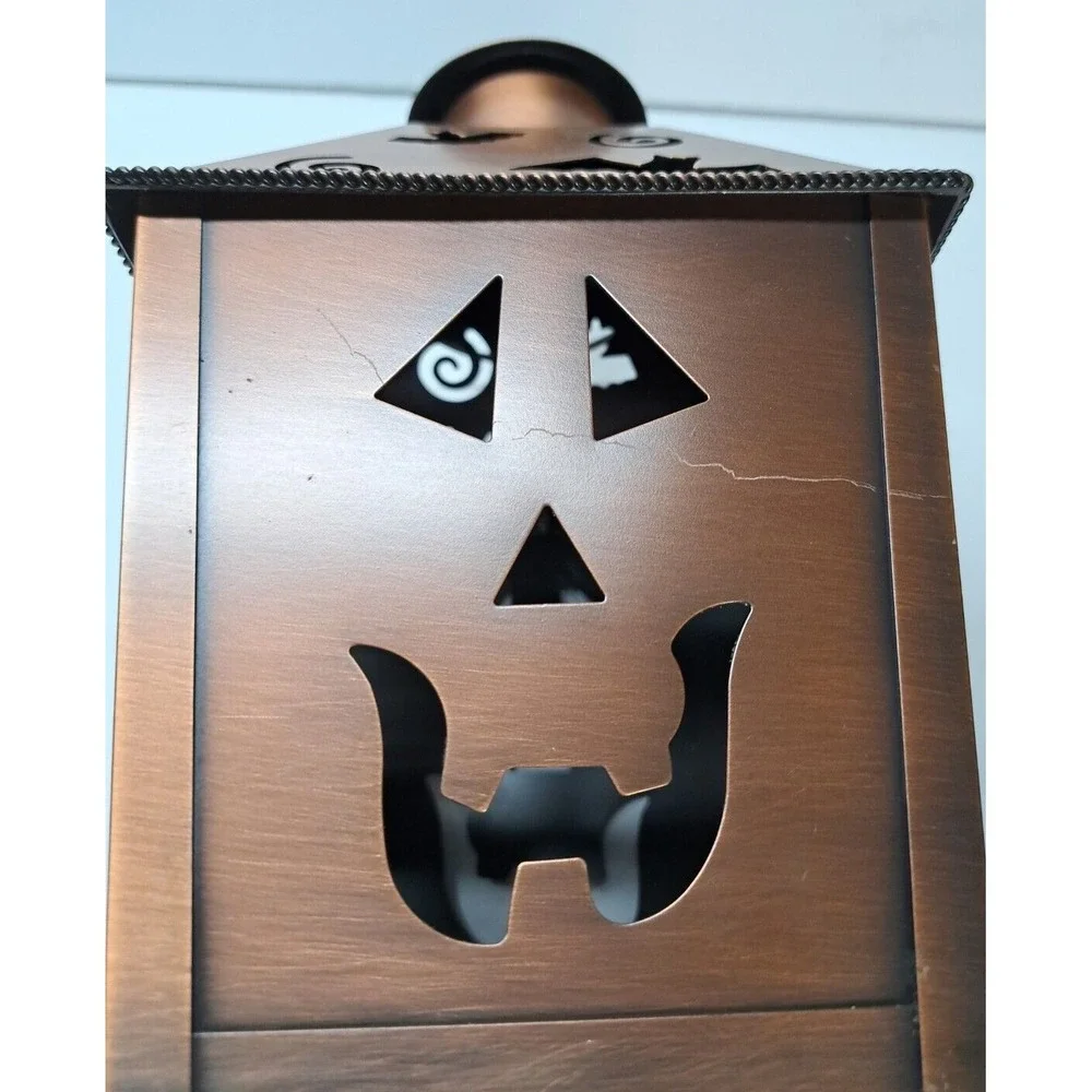 Halloween Metal Lantern Tealight Candle Holder Copper Bronze Tone Jack-O-Lantern